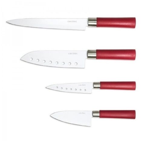 Cecotec Juego de 4 Cuchillos Profesionales de Estilo japonés Sanyoku. Filo de grosor de 2mm, Cuchillo de trinchar, Cuchillo Chef, Cuchillo multiusos, Cuchillo picador, Presentación en Estuche (Rojo)