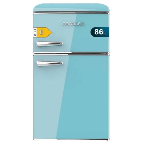 Cecotec Nevera Pequeña Frigorífico 2 Puertas Retro 86L Bolero CoolMarket 2D Origin 86 Blue E. 89,3cm de Alto y 48,7cm de Ancho, Clase Energética E, Icebox, Luz Interior y Tirador Cromado, Azul