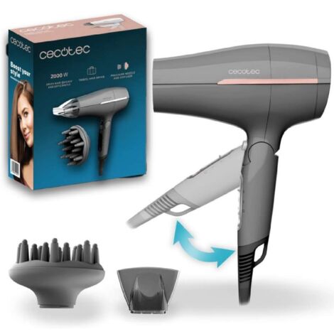Cecotec Secador de Pelo de Viaje IoniCare Power&Go Heaven Grey. 2000W, 2 Temperaturas, 2 Velocidades