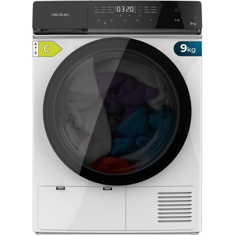 Cecotec Secadora de Bomba de Calor 9kg Bolero DressCode Dry 9400 Inverter, Clase Equivalente A+++, 15 programas, Funciones de Secado Automático,
