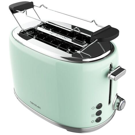 Cecotec Toast&Taste 1000 Retro Double Green 2-Slice Toaster. 980 W, 2 Wide and Short Slots of 3.8 cm, Stainless Steel, Upper Heating Rods, Adjustable Power, Crumb Tray