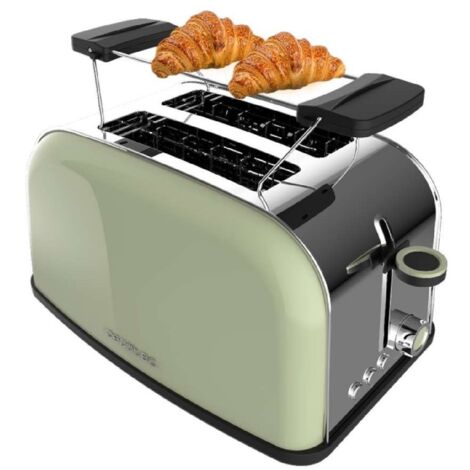 Cecotec Tostador Vertical Toastin' Time 850 Green, 850W, Doble ranura corta y ranura ancha 3,8cm, Varillas Superiores, Acero Inoxidable, Apagado y Pop-up Automático, Recogemigas
