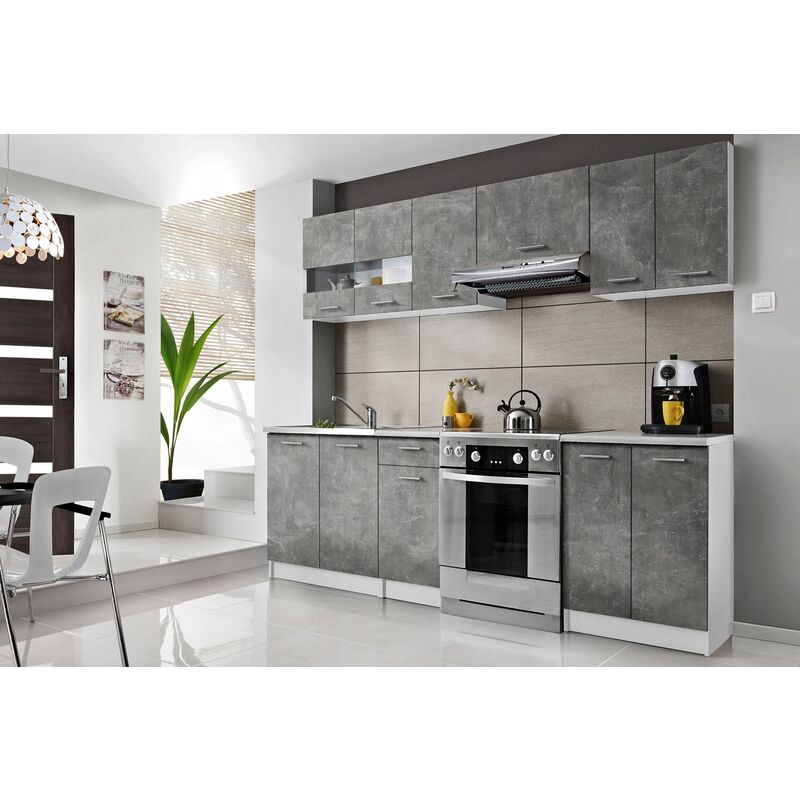 

CEDAR - Cocina completa - L 240/180 cm - 8 unidades - Encimera incluida - Juego de cocina - Gris cemento