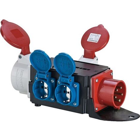 CEE-Adapter/Verteiler Eing. CEE-Stecker 16A + 2x CEE Stedkdose + 2 Schuko-Steckdose