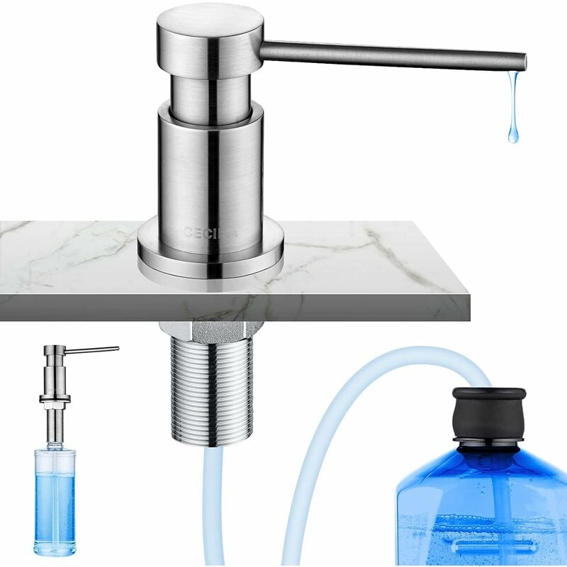 Distributeur de Savon Cuisine Encastrable, Distributeur de Détergent pour Évier avec Bouteille de 300ML et Tuyau de Rallonge de 1,2 m, Brossé - Acier