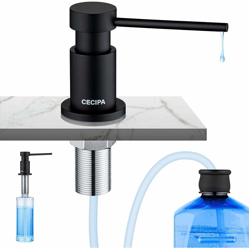 Distributeur de Savon Cuisine Encastrable, Distributeur de Détergent pour Évier avec Bouteille de 300ML et Tuyau de Rallonge de 1,2 m, Noir - Noir