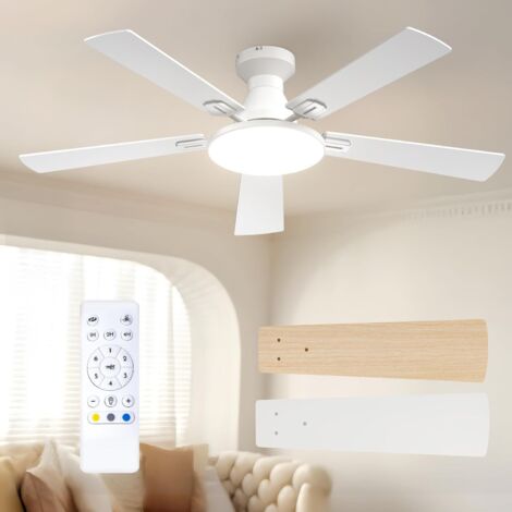 Ceiling fan, 132 cm, with light and remote control, quiet DC motor, 5 blades, 6 speeds, 3 color temperatures, timer, white