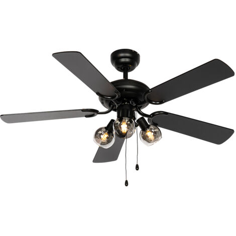 Ceiling Fan Black with Wood Print 107.5cm 3-Lights with Pull Switch - Mistral Vidro