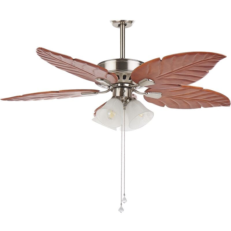 Beliani - Retro Ceiling Fan with Light Wooden Blades Pull Chain Speed Control Silver Gila