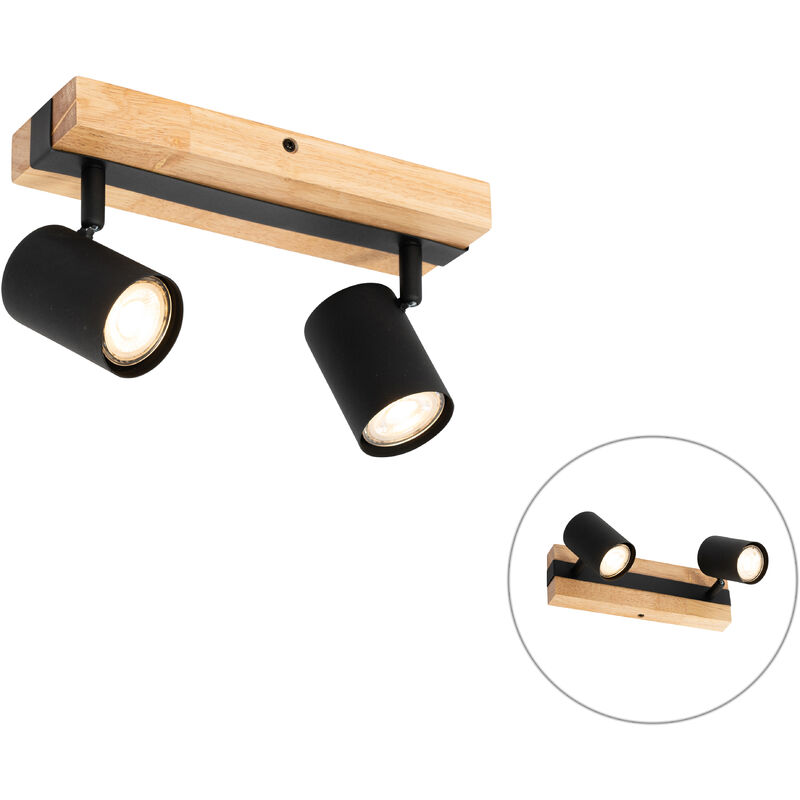 Qazqa - Ceiling Light Black with Wood 2-Light Adjustable Rectangular - Jeana