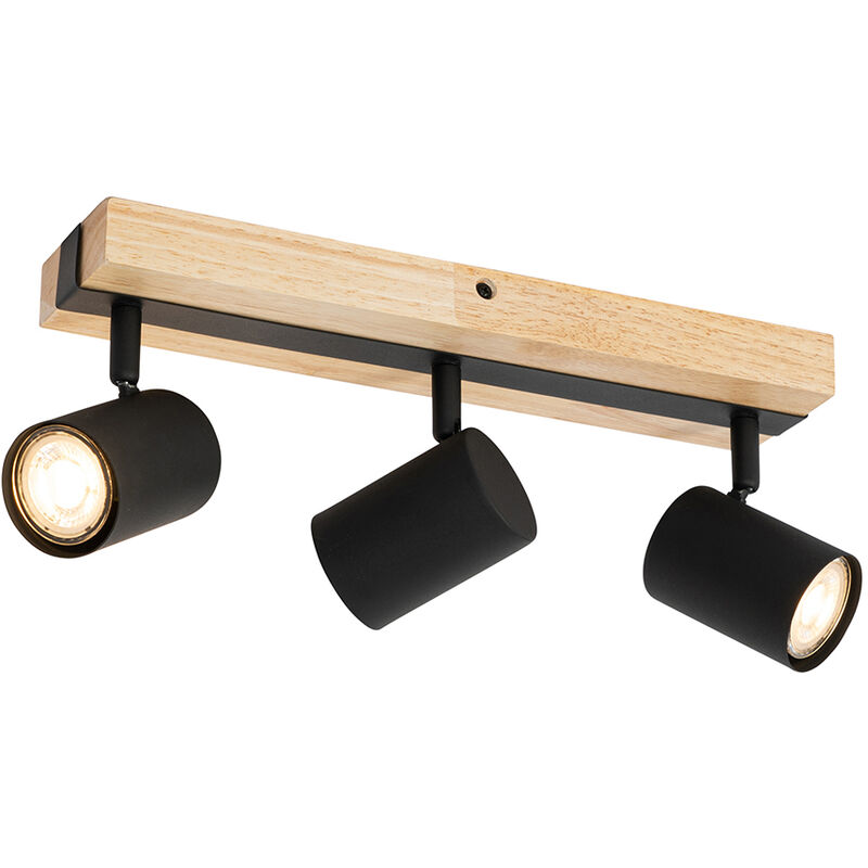Qazqa - Ceiling Light Black with Wood 3-Light Adjustable Rectangular - Jeana