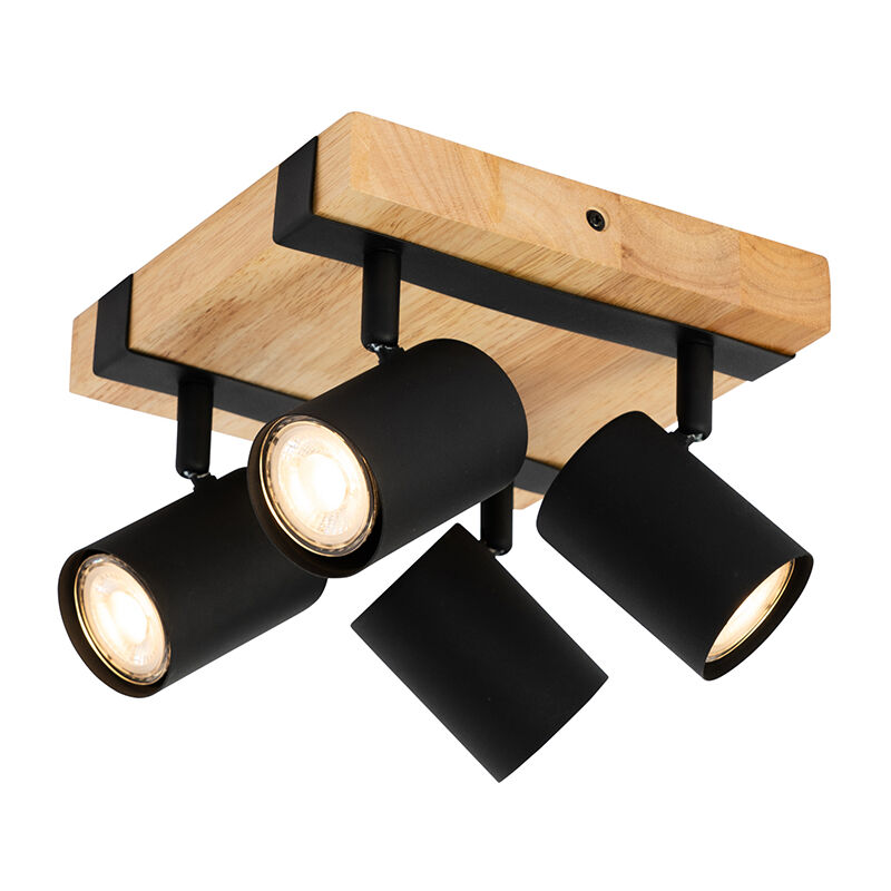 Qazqa - Ceiling Light Black with Wood 4-Light Adjustable Rectangular - Jeana