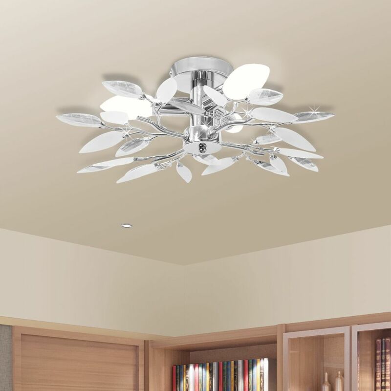 Topdeal - Ceiling Lamp White & Transparent Acrylic Crystal Leaf Arms 3 E14 Bulbs VDTD08470