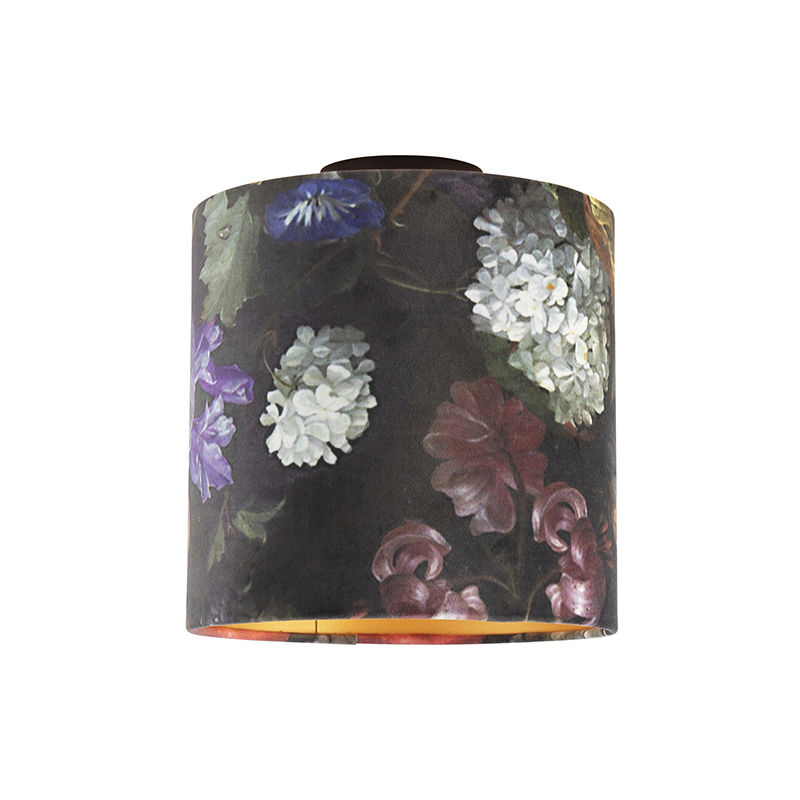 Qazqa - Ceiling Lamp With 25Cm Velvet Floral Shade - Combi Black - Multi Color