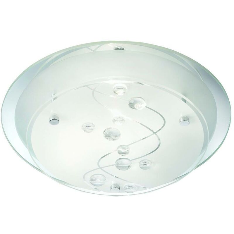 Searchlight Flush - 1 Light Flush Ceiling Light Frosted Patterned Mirror Glass with Clear Beads, E27