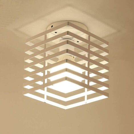 Ceiling Light Fiting, Creative Geometric Ceiling Lamp with Metal Square Columns Cage, Vintage Industrial Chandelier for Kitchen Island Restaurant (White)