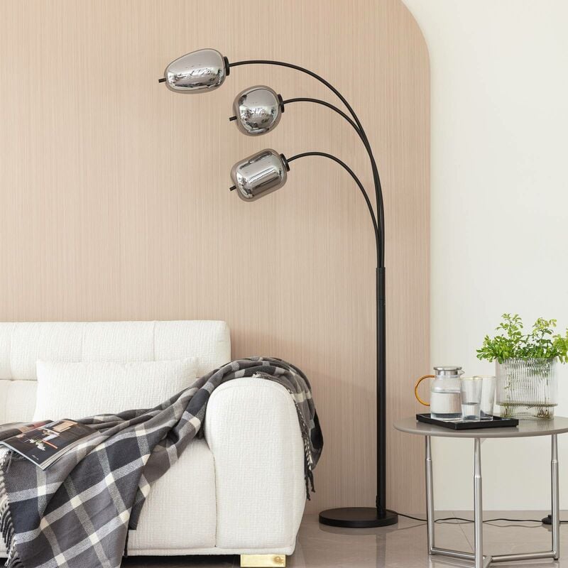 Floor Lamp Gileos (vintage, antique) in Black made of Glass for e.g. Living Room & Dining Room (3 light sources, E14) from Lindby smoky grey, black