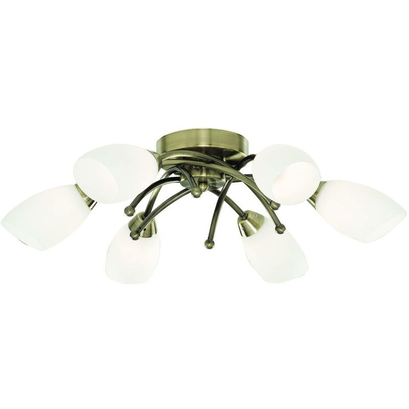 Opera - 6 Light Flush Multi Arm Ceiling Light Antique Brass and Opal Glass, G9 - Searchlight