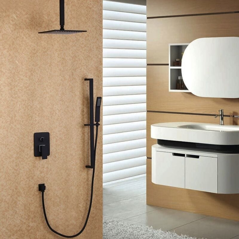 Ceiling Mount Shower Head and Slide-In Hand Shower System in Black 200mm