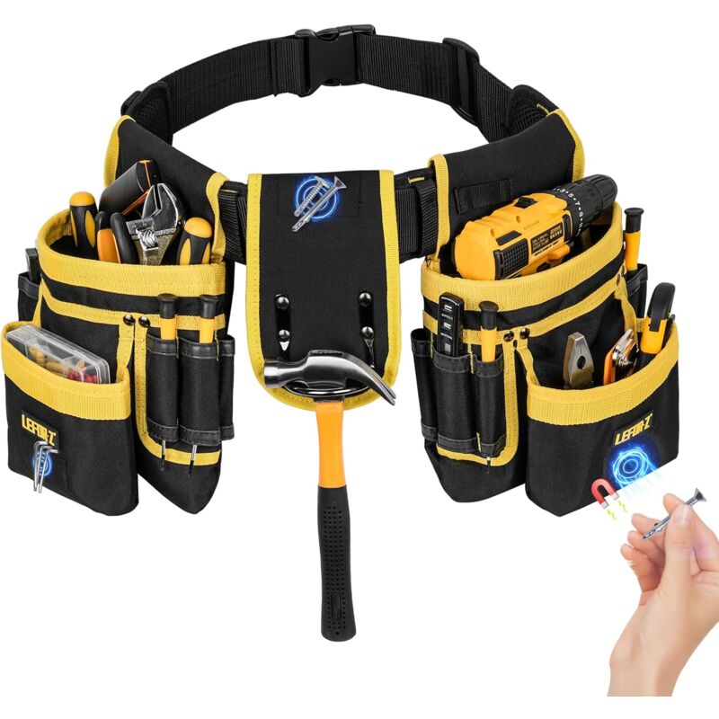 Ceinture à outils, pochette à outils magnétique, 27 poches, ceinture à outils rembourrée robuste pour homme, sac à outils amovible et réglable pour