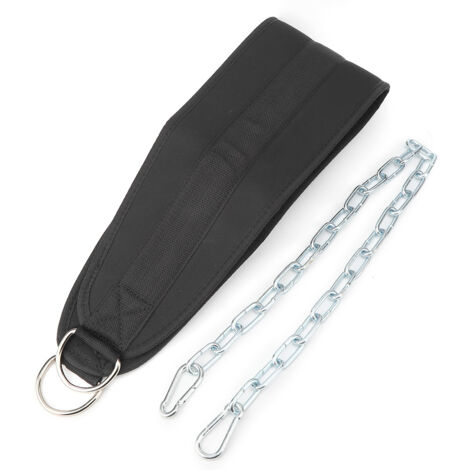 Ceinture de dips lestée pour tractions et musculation, équipement fitness avec anneaux doubles pour haltères et barres.