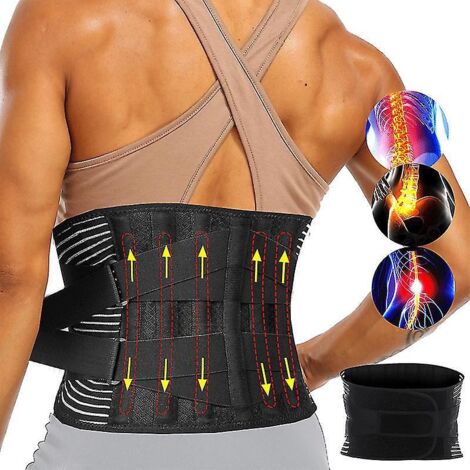 Ceinture de soutien lombaire ajustable avec corset orthopédique à 6 baleines pour homme, décompression de la colonne vertébrale, soulagement des douleurs dorsales - Taille L - Noir