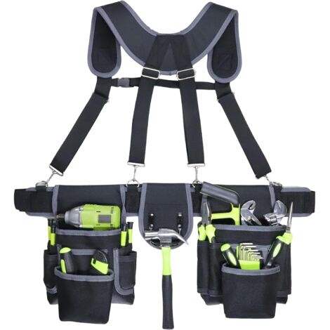 Ceinture Outils Avec Bretelles, Amovible Et Réglable Ceinture Porte Outil Sac à Outils Suspense Combinés, 12 Poches Ceinture à Outils Avec Porte-Marteau Pour électriciens, Charpentiers