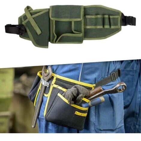 Ceinture porte-outils réglable avec porte-perceuse, sac à outils de chantier portable, en toile verte.