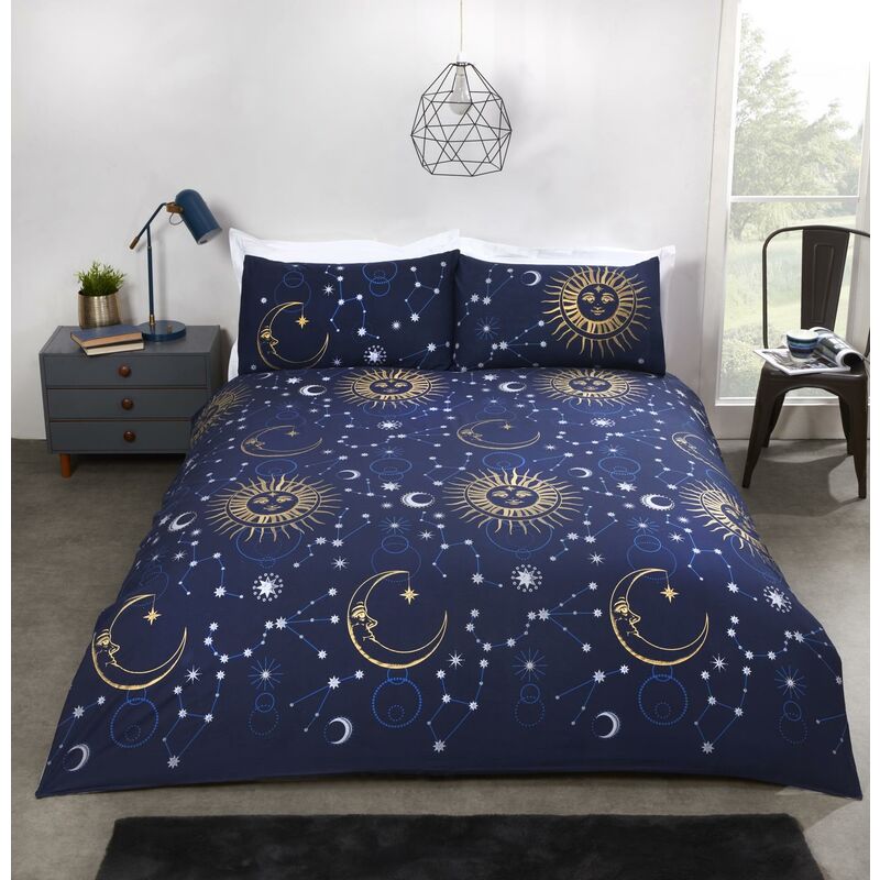 Celestial Moon Stars Reversible Bedding Double Duvet Set Blue