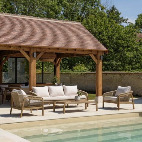 CELESTIN - Salon de jardin 5 places en acacia/cordage synthétique beige