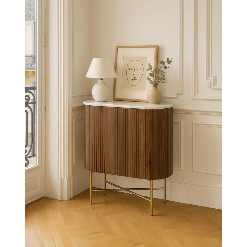 Uniqka - Céline - Buffet 2 portes en bois massif de manguier et marbre blanc 65 cm