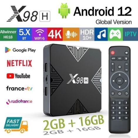 Cellfast – Boîtier Android TV X98H 4K – Lecteur multimédia 2 Go RAM 16 Go – WiFi 6 – Décodeur H.265 jusqu'à 4K 60fps