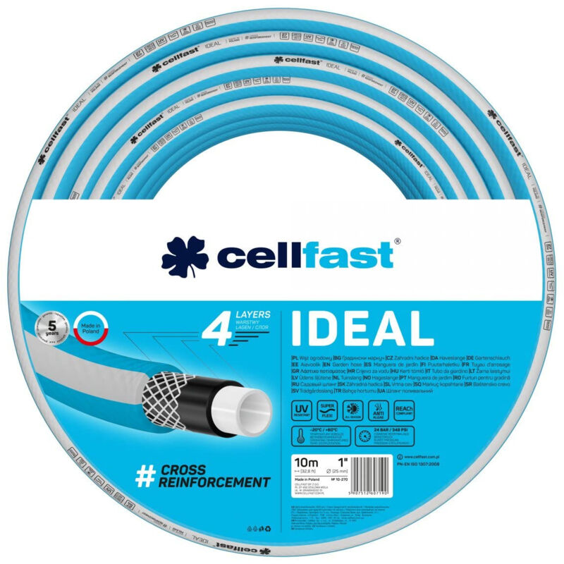 Cellfast Ideal Tuyau D'Arrosage, Durable, Flexible, 4 Couches, Durable Tresse Croix, Résistant Aux Uv Et Aux Algues, Technologie