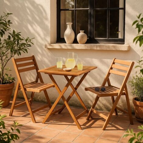Cémonjardin – Ensemble table de jardin pliable 2 places – 2 chaises en acacia – Résistant à l'humidité – Design compact pour petits espaces