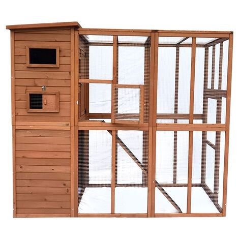 Cémonjardin – Parc à chats en bois de sapin lasuré – Dimensions L 198 x lg 102 x H 174,5 cm – Abri avec rampe et fenêtres en plexiglas
