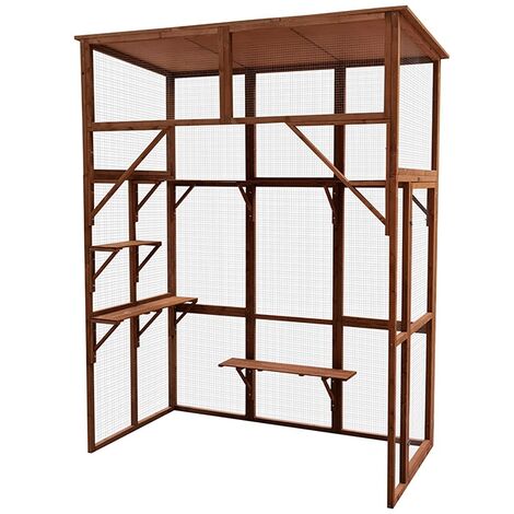 Cémonjardin – Parc à chats en bois lasuré 200x100x250 cm – 6 planches de repos – Toit en feutre bitumé – Porte avec 2 verrous