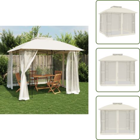 Cenador al aire libre - vidaXL Cenador doble techo y paredes de malla acero crema 2,94x2,94 m - Cenador con techo inclinado