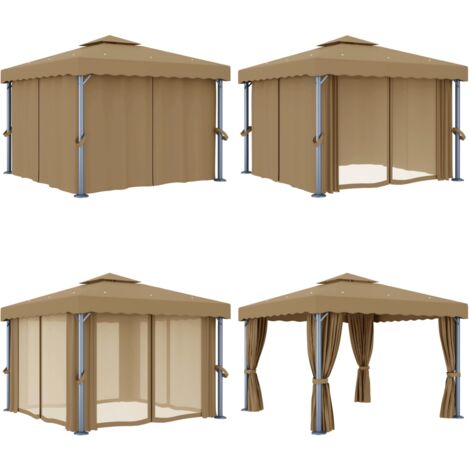 Cenador con cortina gris taupe aluminio 3x3 m - Toldo al aire libre - Sombra al aire libre