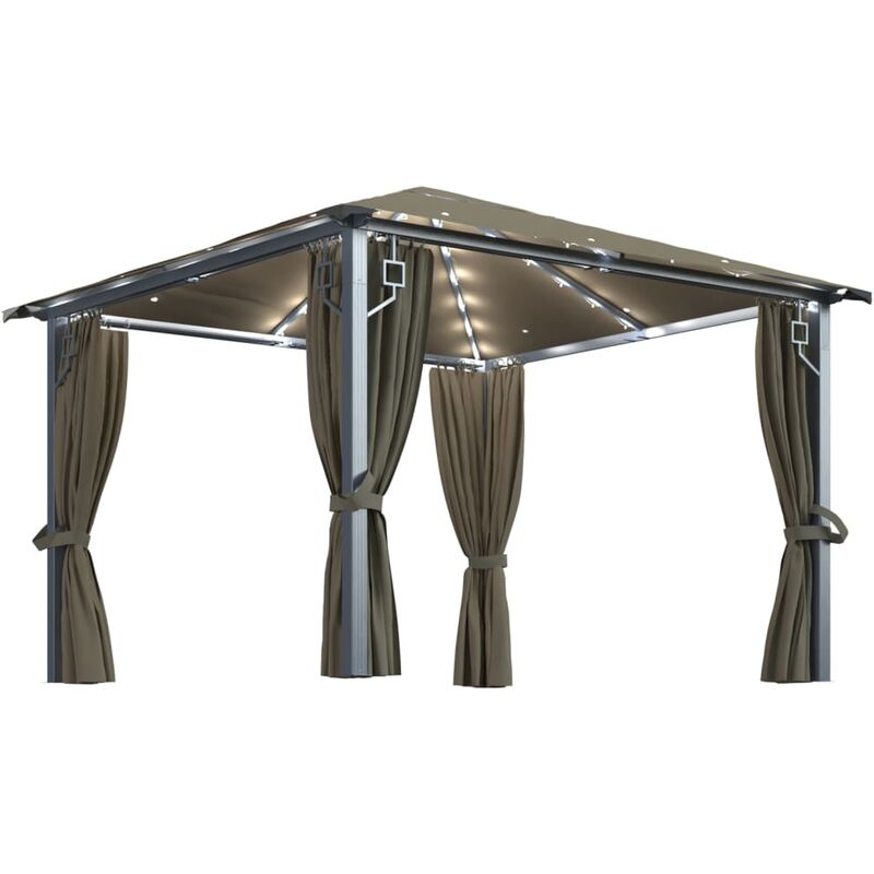 

Cenador con cortina y tira de luces aluminio taupé 300x300 cm - Gris Topo