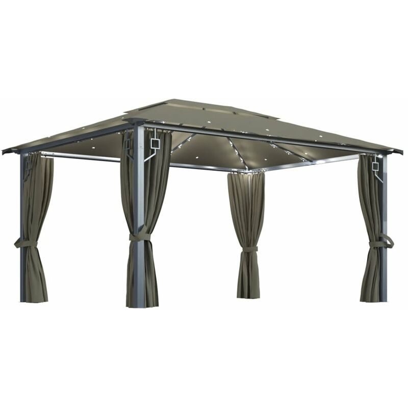 

Cenador con cortina y tira de luz LED aluminio taupe 400x300cm