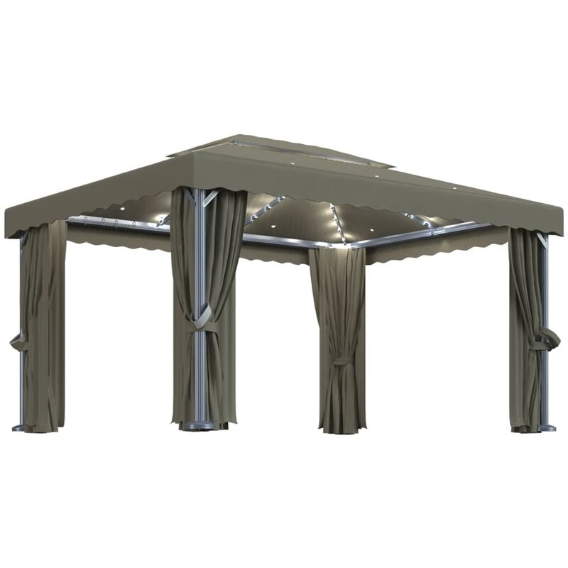 

Cenador con cortina y tira de luces LED aluminio taupé 4x3 m