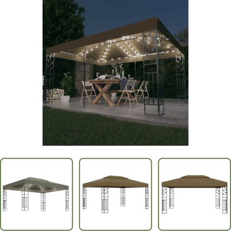 Cenador con techo -  Cenador doble techo y tira de luz LED gris taupe 3x4 m 180 g/m²