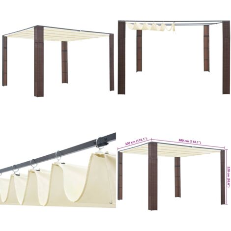 Cenador con techo ratán sintético 300x300x220 cm marrón y crema - Cenador exterior - Toldo corredizo