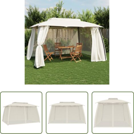 Cenador con techo ventilado -  Cenador de doble techo paredes de malla acero crema 3,93x2,93 m