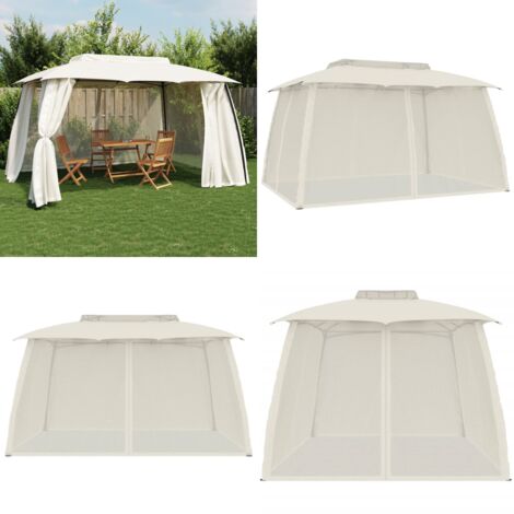 Cenador de doble techo paredes de malla acero crema 3,93x2,93 m - Cenador con techo ventilado - Cenador para exteriores