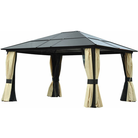 Cenador de Jardín 4,2x3,6 m Pabellón de Aluminio Exterior con Techo de Policarbonato 4 Cortinas Laterales y 4 Mosquiteras para Fiestas Eventos