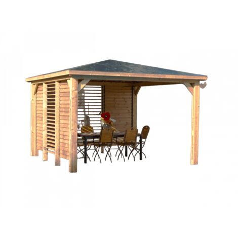 Cenador de jardín con piscina de madera tratada térmicamente 379x379 cm – Techo de ACP – 2 paredes con respiraderos móviles – THB3535.VV Foresta