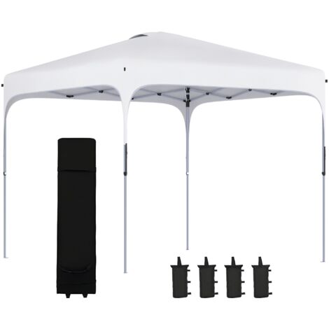 Cenador de jardín de 2,5 x 2,5 x 2,7 m con altura regulable, resistente a los rayos UV, impermeable, 4 sacos de arena y bolsa de transporte blanca.