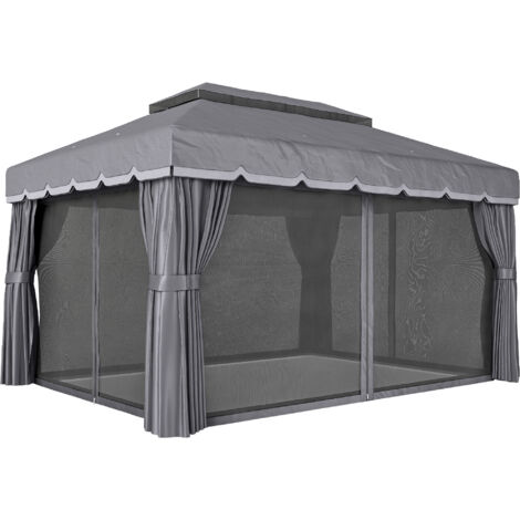Cenador de jardín de 4x3 m, pabellón de jardín con doble techo, 4 cortinas y mosquitera, estructura de aluminio, protección UPF50+, color gris.