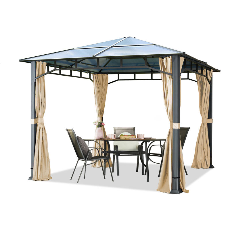 

Cenador de jardín 3x3 m Aluminio Techo de policarbonato Aprox. 8mm cenador de jardín 4 Cortinas Laterales Color champaña - crema